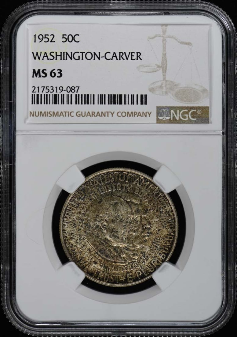 1952 Washington Carver Silver Half Dollar NGC MS63 Philadelphia Mint: 1952 Washington Carver Silver Half Dollar NGC MS63 Philadelphia Mint This 1952 Washington-Carver commemorative half dollar is struck in silver and graded MS63 by NGC. It is uncirculated and was minted