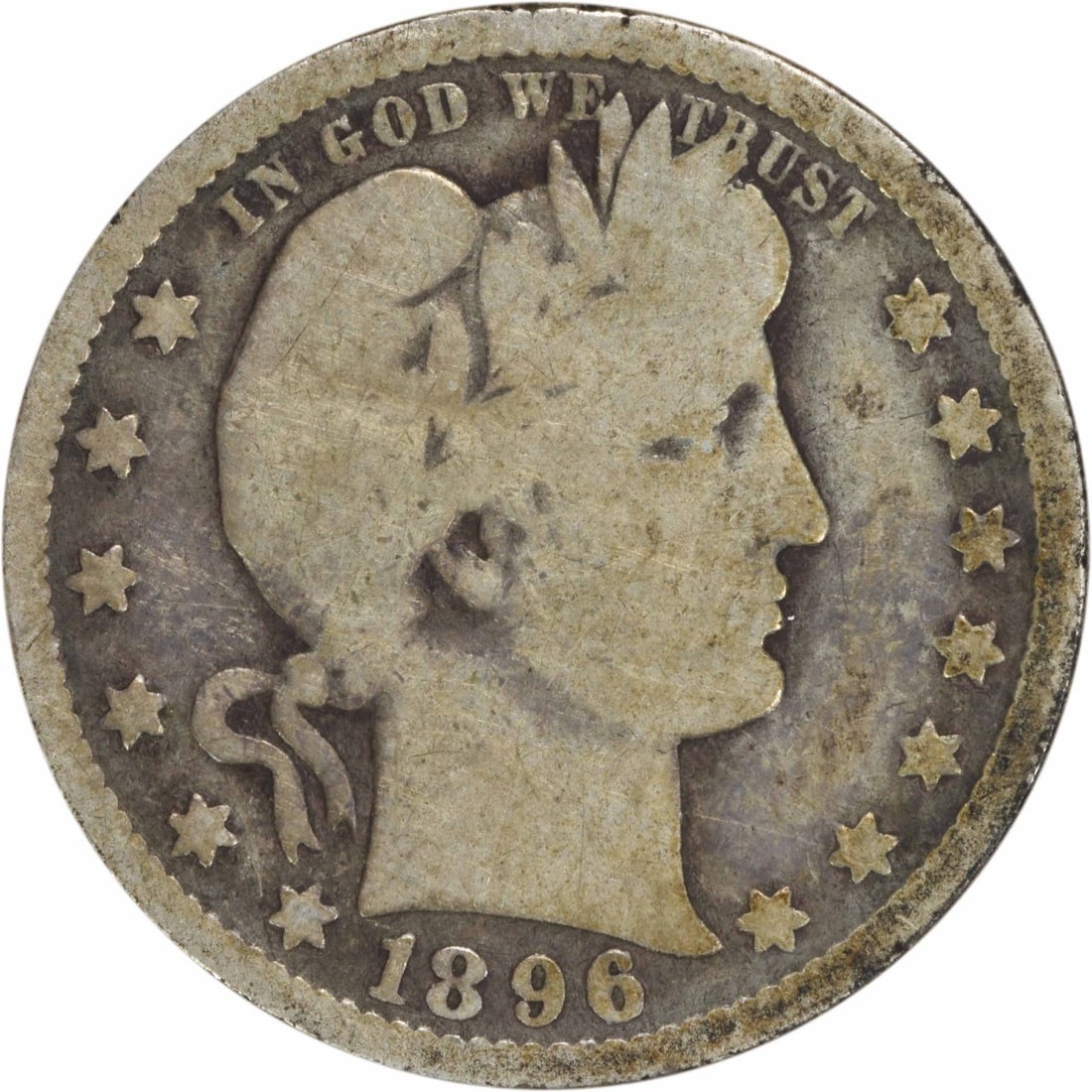 1896-O Barber Quarter 25C G Uncertified 90% Silver: 1896-O Barber Quarter 25C G Uncertified 90% Silver This 1896-O Barber Silver Quarter is a notable piece from the United States, minted in New Orleans. It features the iconic design by Charles E. Barbe