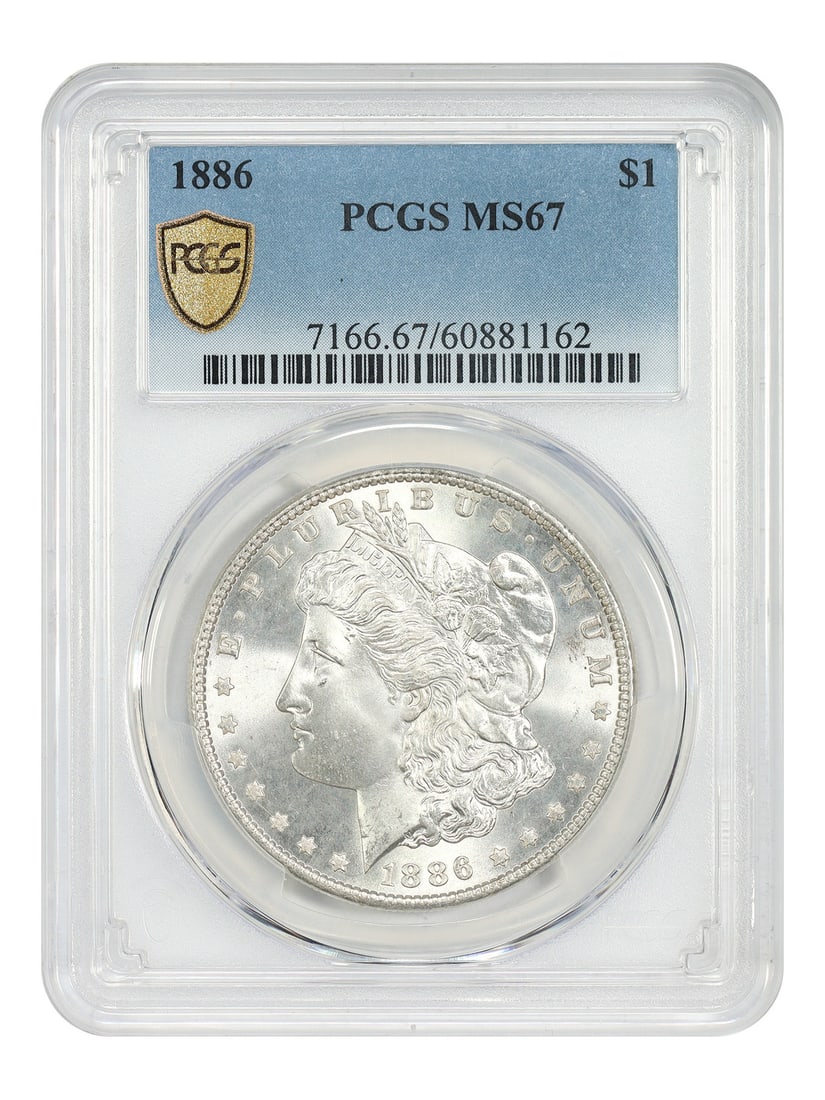 PCGS MS67 1886 Philadelphia Morgan Silver Dollar: PCGS MS67 1886 Philadelphia Morgan Silver Dollar This is an 1886 Morgan Dollar, certified by PCGS with a grade of MS67. Minted in Philadelphia, this coin is recognized as a popular collector date with