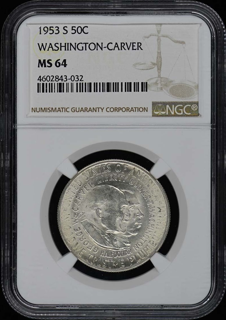 1953-S 50C Silver Commemorative NGC MS64 Washington Carver Coin: 1953-S 50C Silver Commemorative NGC MS64 Washington Carver Coin This is a 1953-S Washington-Carver silver commemorative half dollar, graded MS64 by NGC. The coin is uncirculated and was minted in San 