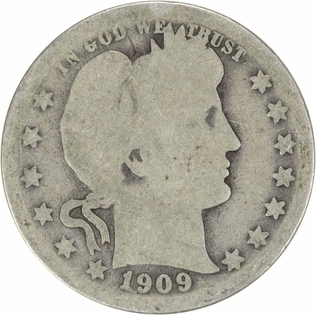 1909-O Barber Silver Quarter 25C Uncertified Coin: 1909-O Barber Silver Quarter 25C Uncertified Coin This 1909-O Barber Silver Quarter is a notable piece of American numismatic history. Struck at the New Orleans mint, this quarter features a design by