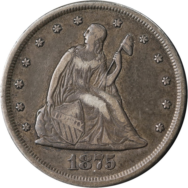 1875 CC Silver 20 Cent Coin Choice VF XF: 1875 CC Silver 20 Cent Coin Choice VF XF This 1875-CC Twenty Cent Piece is a circulated silver coin from the United States, featuring a desirable Choice VF/XF grade. Noted for its appealing color, wel