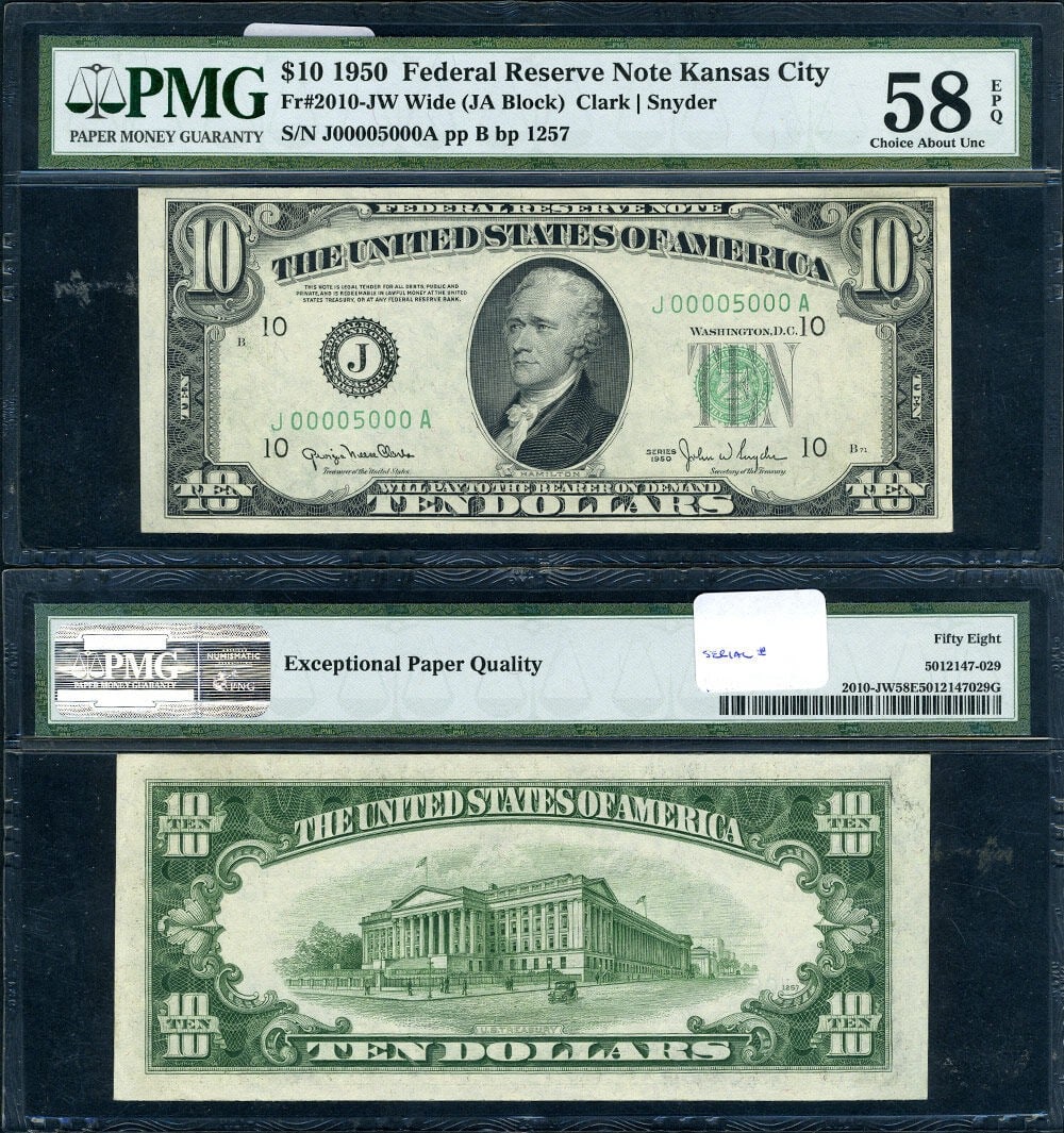 1950 $10 Federal Reserve Note Fancy Serial PMG Choice AU58 EPQ: 1950 $10 Federal Reserve Note Fancy Serial PMG Choice AU58 EPQ This is a 1950 $10 Federal Reserve Note featuring the fancy serial number J00005000A. Certified by PMG with a grade of Choice About Uncir