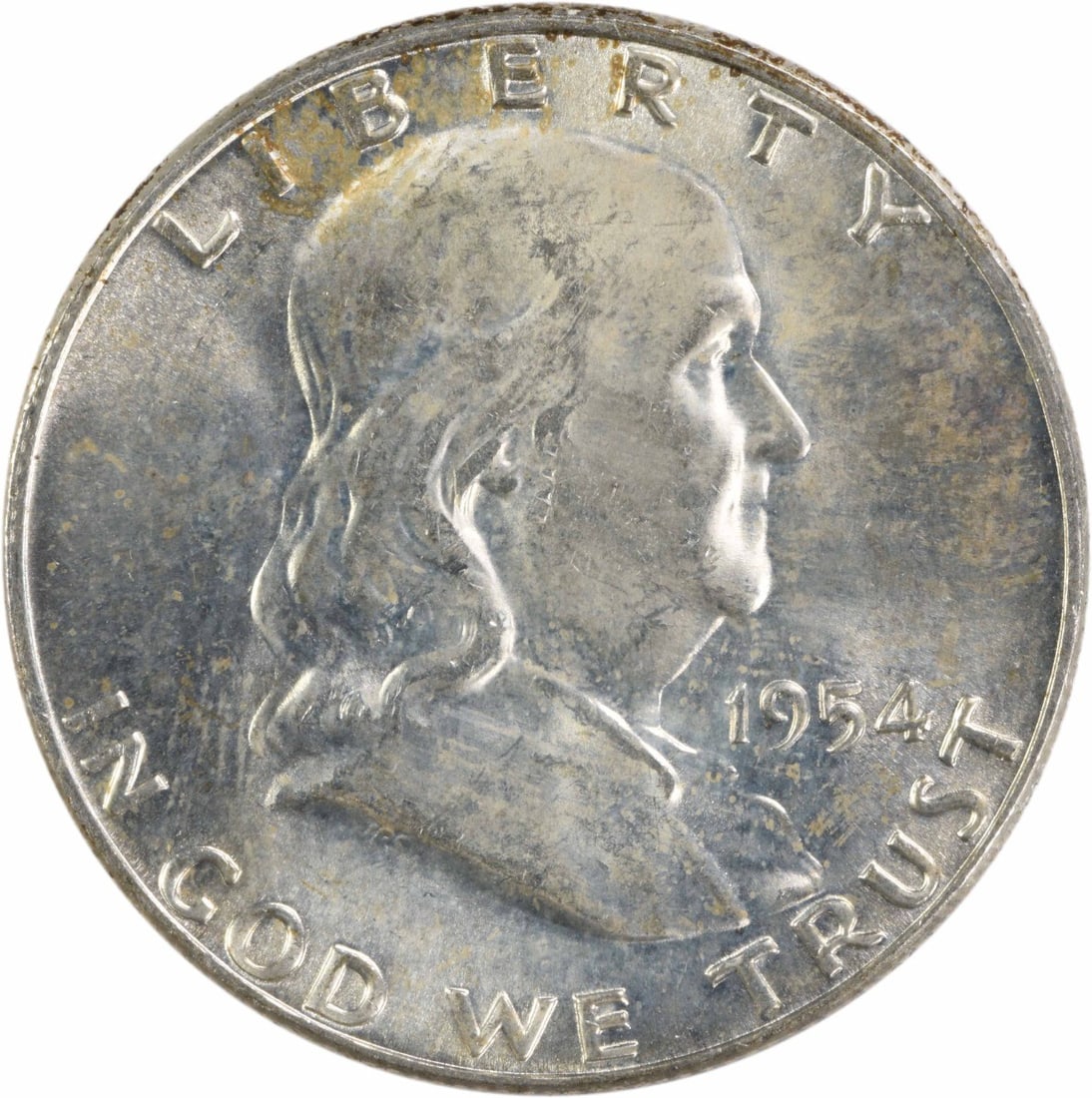 Choice BU 1954-D Silver Franklin Half Dollar Uncertified: Choice BU 1954-D Silver Franklin Half Dollar Uncertified This 1954-D Franklin Silver Half Dollar is an uncirculated coin with a Choice BU grade. Minted in Denver, it is composed of silver and has a de