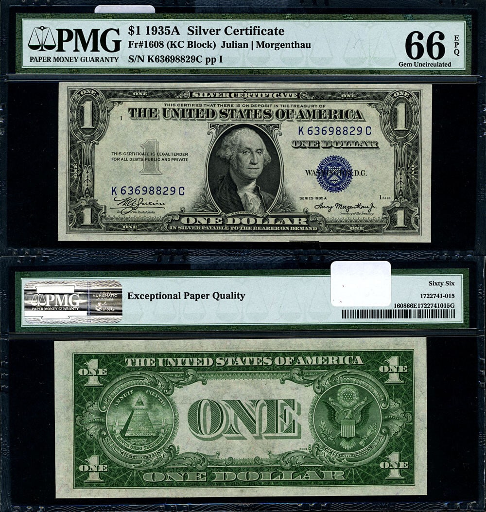 1935-A $1 Silver Certificate FR. 1608 K-C Block PMG Gem CU66 EPQ: 1935-A $1 Silver Certificate FR. 1608 K-C Block PMG Gem CU66 EPQ This 1935-A $1 Silver Certificate (FR. 1608) is graded Gem CU66 EPQ by PMG, showcasing exceptional quality. It features excellent paper