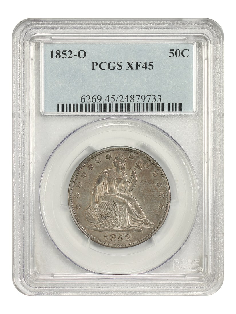 PCGS XF45 1852-O Liberty Seated Half Dollar: PCGS XF45 1852-O Liberty Seated Half Dollar This 1852-O Liberty Seated Half Dollar is graded XF45 by PCGS and features bold details with natural toning and underlying luster. Struck at the New Orleans
