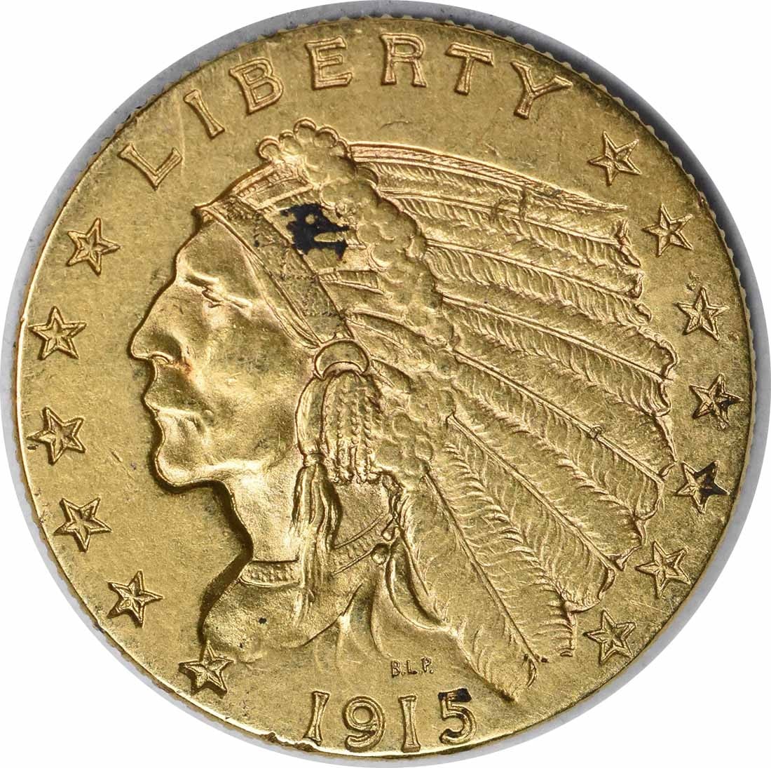 1915 Indian Head $2.50 Gold Coin AU Philadelphia Uncertified: 1915 Indian Head $2.50 Gold Coin AU Philadelphia Uncertified This 1915 $2.50 Gold Indian coin was minted in Philadelphia and designed by Bela Lyon Pratt. Composed of 90% gold and 10% copper, it weighs