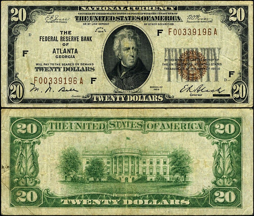 1929 $20 Federal Reserve Bank Note Atlanta F-A Block VF: 1929 $20 Federal Reserve Bank Note Atlanta F-A Block VF This 1929 Federal Reserve Bank Note from Atlanta features the denomination of $20. Graded as Very Fine (VF), this note presents original paper q