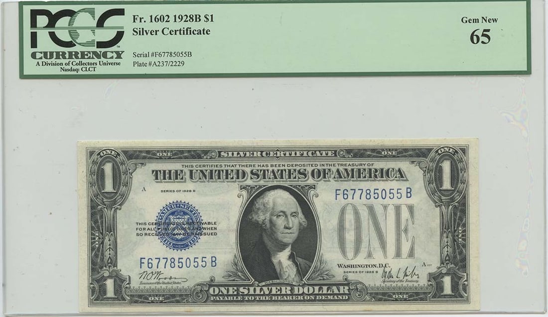 PCGS MS65 1928B $1 FR1602 Silver Certificate Uncirculated Note: PCGS MS65 1928B $1 FR1602 Silver Certificate Uncirculated Note This is a 1928B $1 Silver Certificate, cataloged as FR#1602, certified by PCGS Currency with a grade of MS65 Gem Uncirculated. The note i