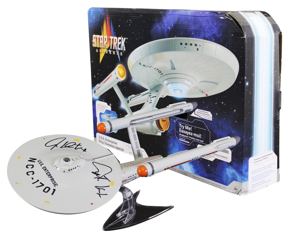 William Shatner Signed Star Trek USS Enterprise NCC-1701 with BAS Authentication: William Shatner Signed Star Trek USS Enterprise NCC-1701 with BAS Authentication This stunning 18-inch replica of the USS Enterprise NCC-1701, part of the Playmates Star Trek Universe Collection, is a