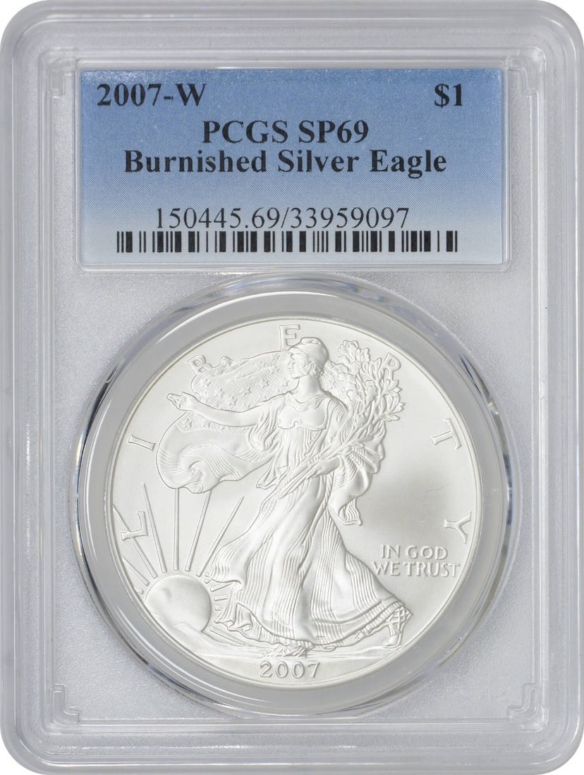 2007-W American Silver Eagle Burnished SP69 PCGS 1 oz Coin: 2007-W American Silver Eagle Burnished SP69 PCGS 1 oz Coin This 2007-W $1 American Silver Eagle features a burnished strike and is graded SP69 by PCGS, ensuring its high quality. This coin contains 1 