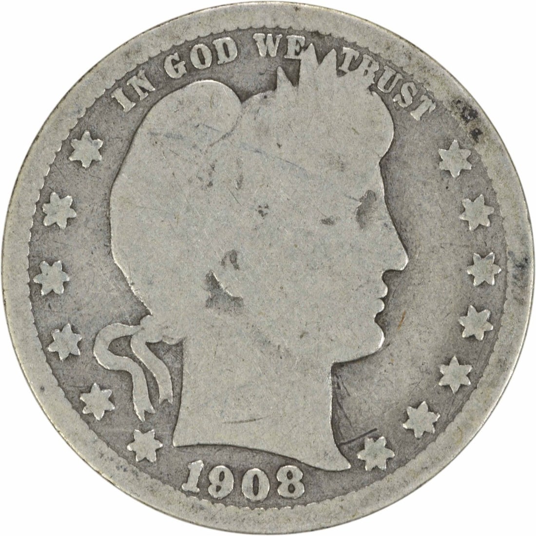 1908-S Barber Silver Quarter 25C Uncertified Circulated Coin (1 of 2)