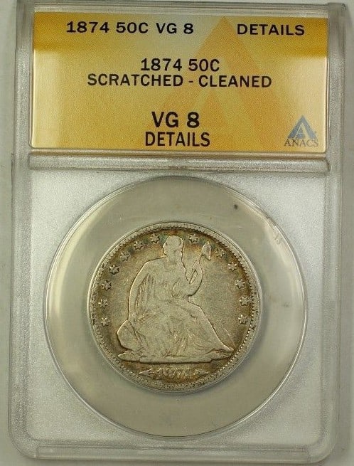 ANACS VG 8 1874 Seated Liberty Half Dollar: ANACS VG 8 1874 Seated Liberty Half Dollar This is an 1874 Seated Liberty Silver Half Dollar coin, certified by ANACS with a grade of VG 8 Details. The coin has been noted as scratched and cleaned. It