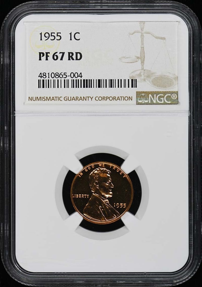 1955 Proof Lincoln Cent NGC PR67RD: 1955 Proof Lincoln Cent NGC PR67RD This is a 1955 Lincoln Cent featuring the Wheat Reverse design, struck in proof quality. Graded PR67 Red (RD) by NGC, this uncirculated coin originates from the Phil