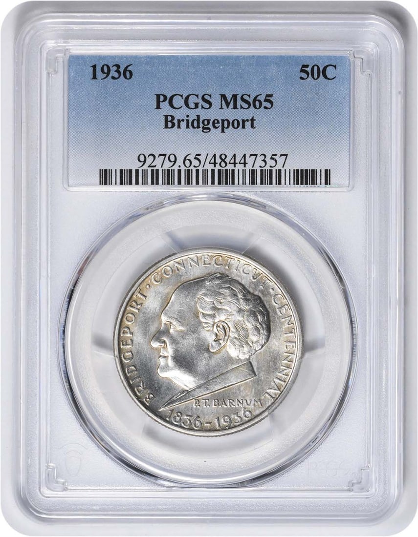 1936 Bridgeport Centennial Silver Half Dollar PCGS MS65: 1936 Bridgeport Centennial Silver Half Dollar PCGS MS65 This 1936 Bridgeport Commemorative Silver Half Dollar is an uncirculated coin graded MS65 by PCGS. Issued to celebrate the centennial of Bridgep