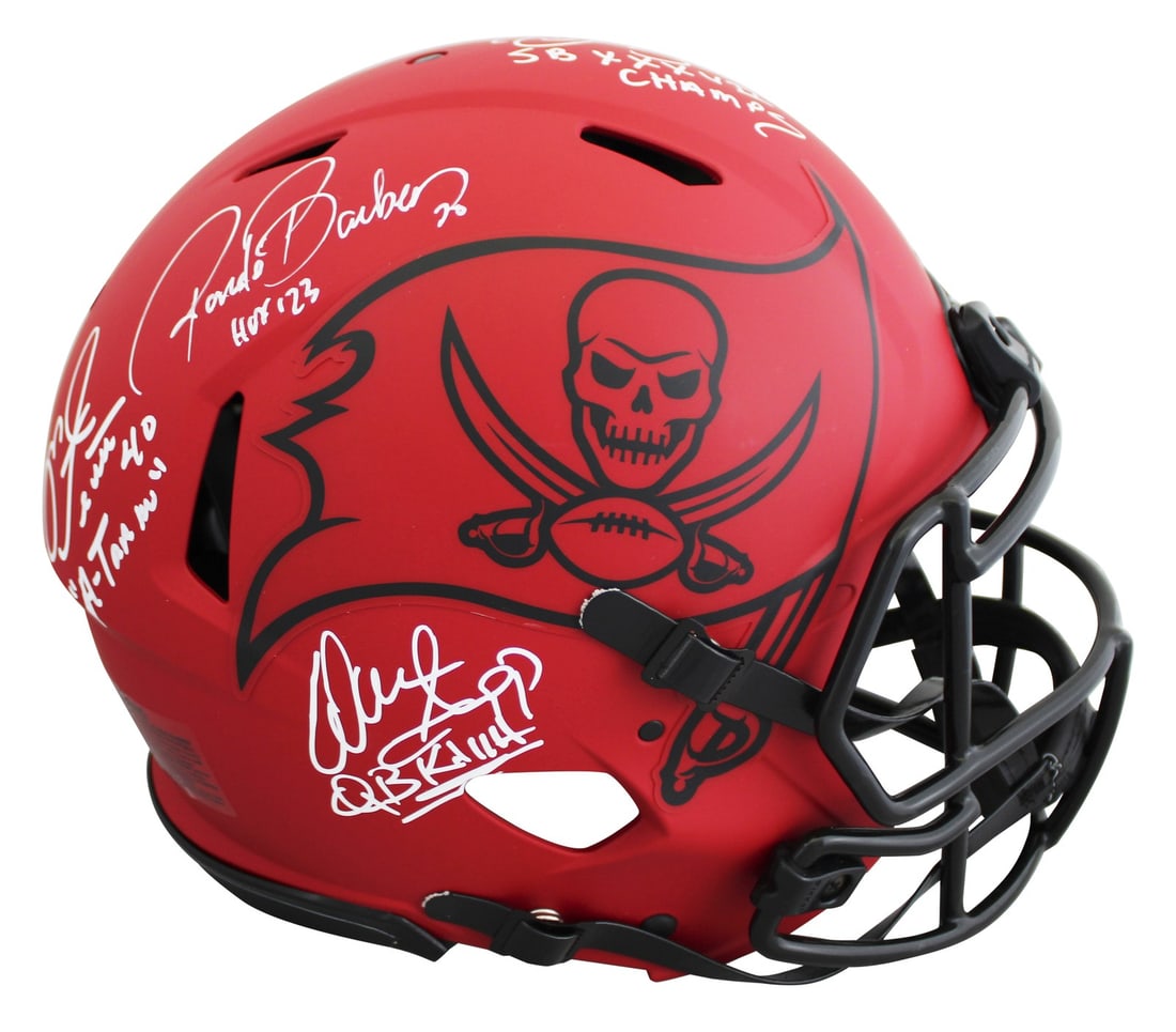 Tampa Bay Buccaneers Signed Helmet Alstott Barber Sapp Brooks BAS Authenticated: Tampa Bay Buccaneers Signed Helmet Alstott Barber Sapp Brooks BAS Authenticated This authentic full-size Speed Proline helmet features the signatures of four legendary Tampa Bay Buccaneers players: Mi