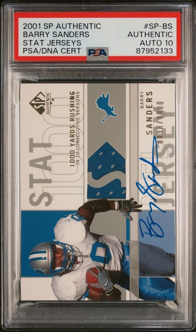 2001 SP Authentic Stat Jerseys Barry Sanders Signed PSA 10: 2001 SP Authentic Stat Jerseys Barry Sanders Signed PSA 10 This 2001 SP Authentic Stat Jerseys #SP-BS features a stunning autograph from NFL legend Barry Sanders. Authenticated by PSA/DNA, this card e