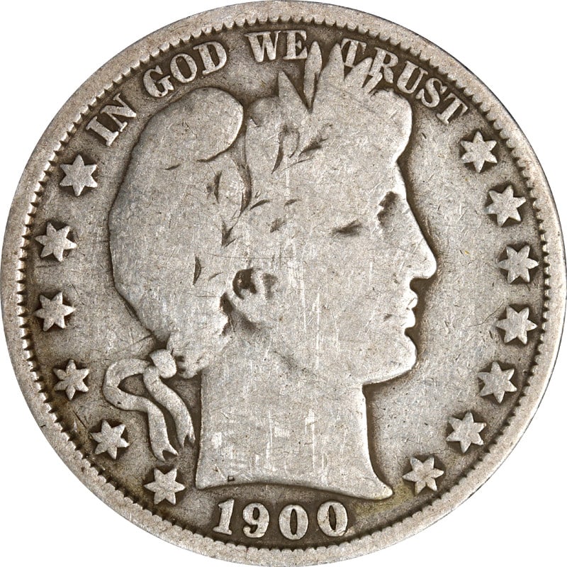 1900 New Orleans Silver Barber 50 Cent Coin: 1900 New Orleans Silver Barber 50 Cent Coin This 1900-O Barber Half Dollar is a circulated coin composed of silver with a fineness of 0.9. Minted in New Orleans in the year 1900, it is an example of p