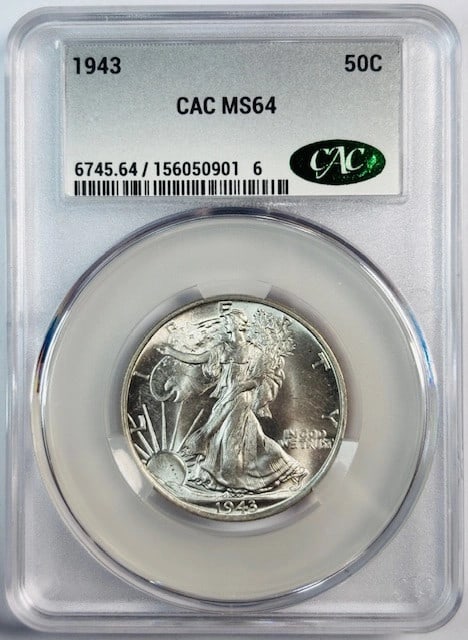 1943 Silver Walking Liberty Half Dollar CAC MS 64: 1943 Silver Walking Liberty Half Dollar CAC MS 64 This 1943 Walking Liberty Half Dollar is certified by CAC and graded MS 64. Composed of silver, it was minted in the USA. The coin's circulated or unc