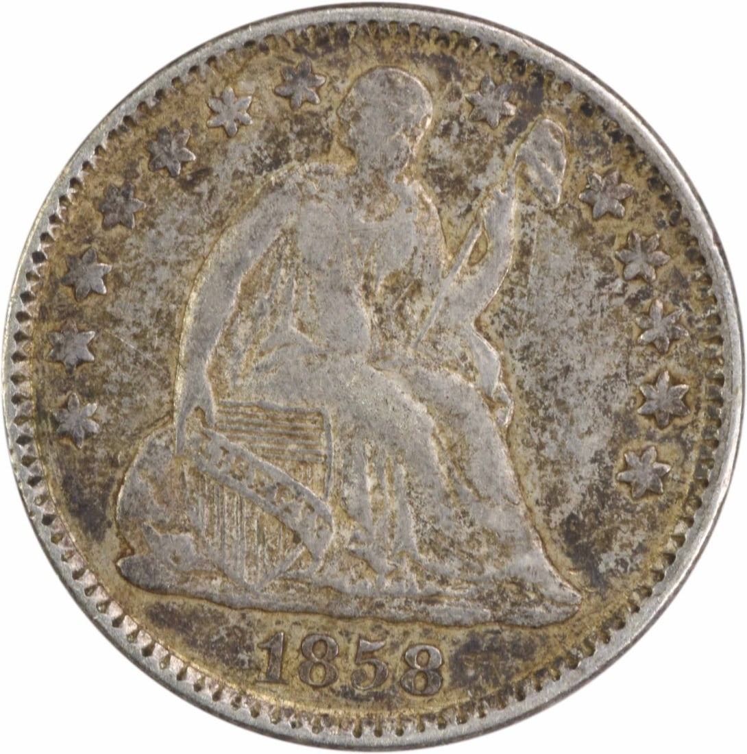 1858 Liberty Seated Half Dime Silver Coin Uncertified: 1858 Liberty Seated Half Dime Silver Coin Uncertified This 1858 Liberty Seated Silver Half Dime is a stunning example of American coinage, featuring the classic design by Christian Gobrecht. The coin 