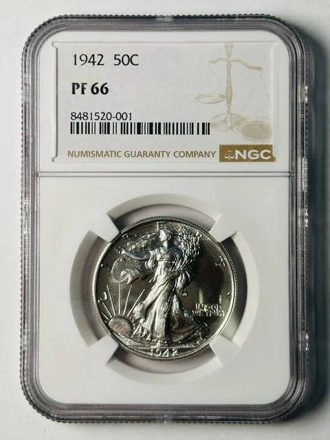 1942 NGC PF 66 Walking Liberty Half Dollar Silver Proof: 1942 NGC PF 66 Walking Liberty Half Dollar Silver Proof This 1942 Walking Liberty Half Dollar is a proof coin graded PF 66 by NGC. Made of silver, this uncirculated coin features the classic Walking L