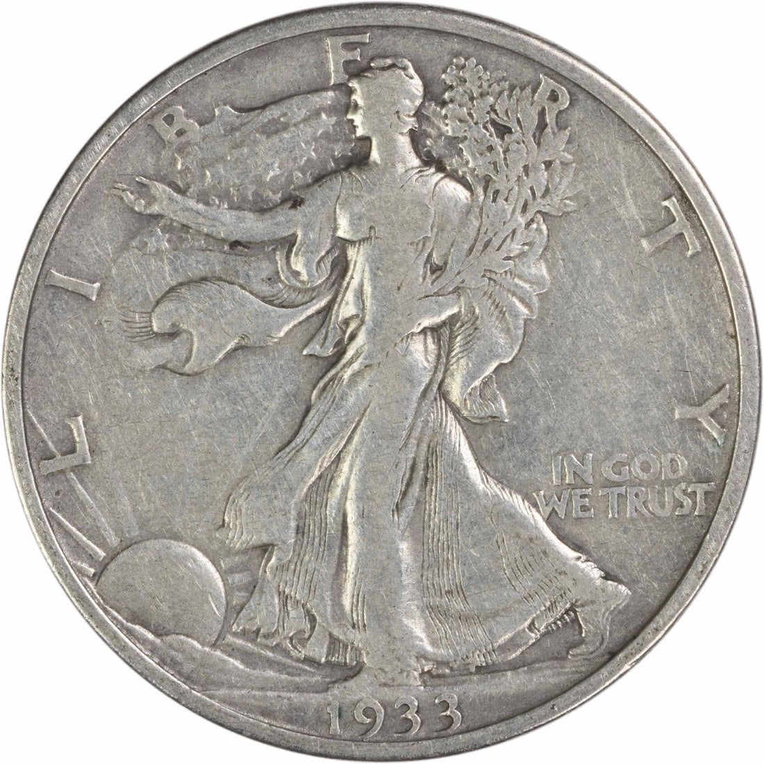 1933 San Francisco Liberty Walking Half Dollar 90 Percent Silver VF: 1933 San Francisco Liberty Walking Half Dollar 90 Percent Silver VF This 1933-S Walking Liberty Half Dollar is a pre-owned, circulated coin from the San Francisco Mint. Designed by Adolph Alexander We
