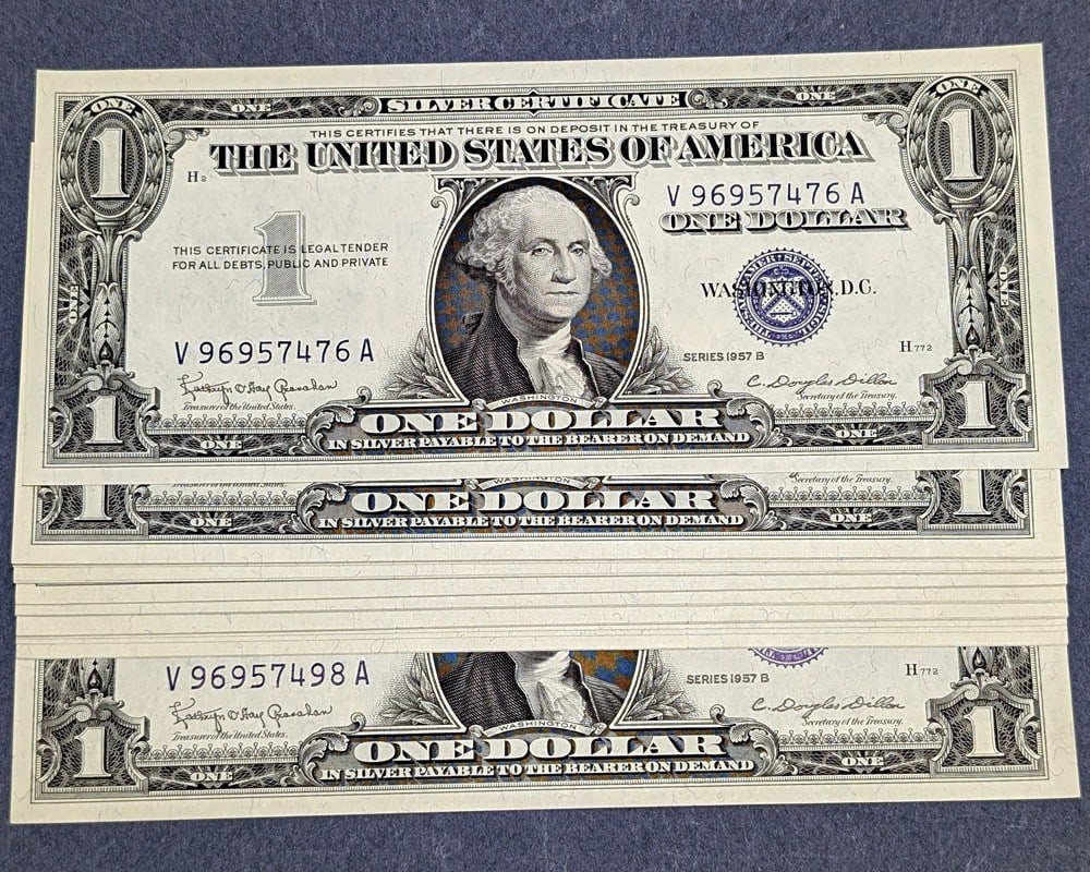 1957-B $1 Silver Certificate 23 Consecutive Notes Gem Uncirculated: 1957-B $1 Silver Certificate 23 Consecutive Notes Gem Uncirculated This listing features a stunning collection of 23 consecutive 1957-B $1 Silver Certificates, each graded Gem CU. These notes are in u