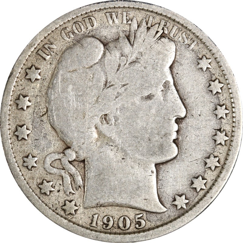 1905 O Silver Barber Half Dollar: 1905 O Silver Barber Half Dollar This 1905-O Barber Half Dollar is a circulated coin from the United States, minted in 1905 at the New Orleans Mint. It is composed of 90% silver and is offered in pre-