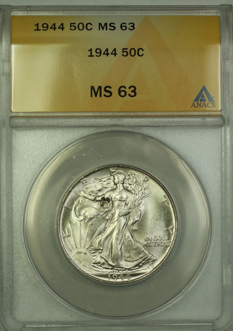 ANACS MS-63 1944 Walking Liberty Half Dollar 50C: ANACS MS-63 1944 Walking Liberty Half Dollar 50C This 1944 Walking Liberty Silver Half Dollar features the classic Liberty Walking design and is composed of silver. Graded MS-63 by ANACS, this uncircu