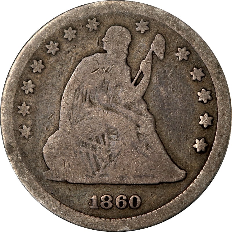 1860 Philadelphia Seated Liberty silver quarter: 1860 Philadelphia Seated Liberty silver quarter This 1860-P Seated Liberty Quarter is a circulated coin from the United States, composed of silver with a fineness of 0.9. It is an uncertified, pre-own