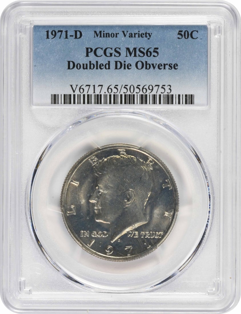PCGS MS65 1971-D Kennedy Half Dollar DDO Clad: PCGS MS65 1971-D Kennedy Half Dollar DDO Clad This is a 1971-D Kennedy Half Dollar graded MS65 by PCGS. The coin is uncirculated and features a doubled die obverse. It is composed of clad material and
