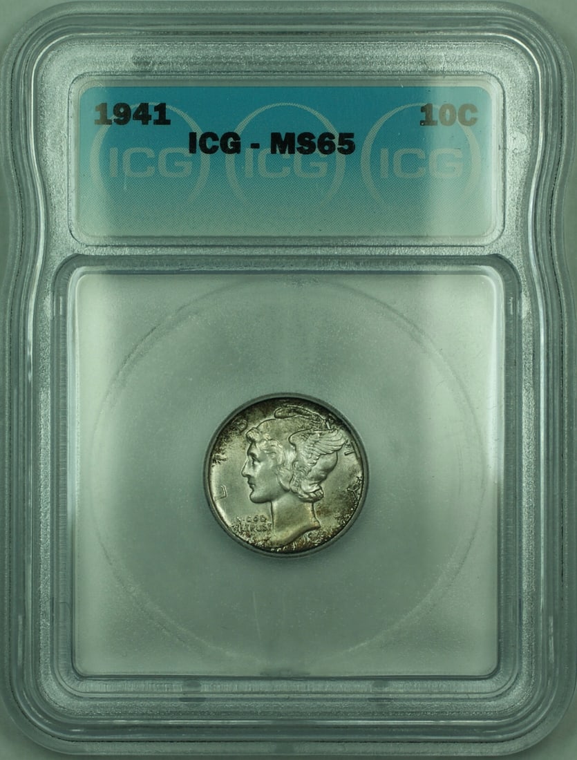 ICG MS-65 Toned 1941 Mercury Dime 10C Silver: ICG MS-65 Toned 1941 Mercury Dime 10C Silver This 1941 Mercury Silver Dime is graded MS-65 by ICG and features attractive toning. Struck in Philadelphia, this uncirculated coin is composed of 90% silv