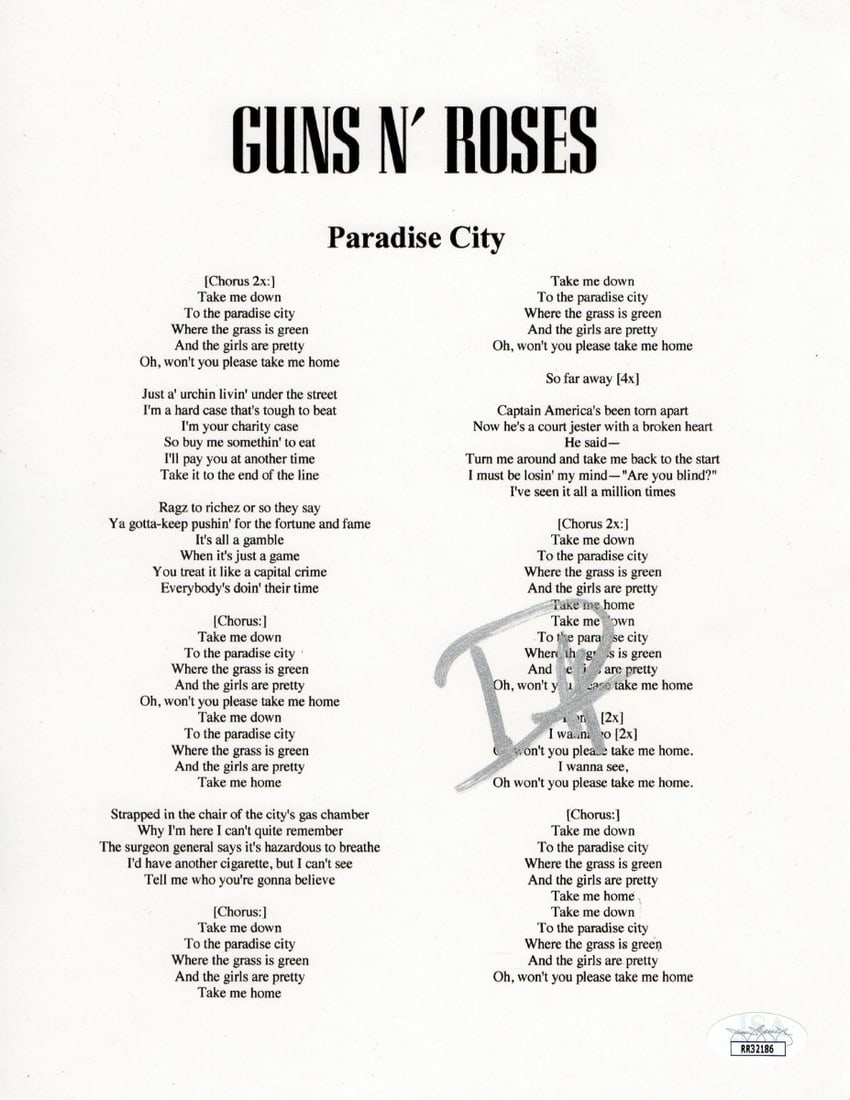 Duff McKagan Autographed Lyric Sheet Guns N Roses JSA Certified (1 of 2)