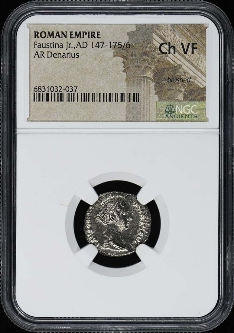 NGC Ch VF Roman Empire AR Denarius Faustina Jr.: NGC Ch VF Roman Empire AR Denarius Faustina Jr. This Roman Empire AR Denarius features Faustina Jr., who lived from AD 147 to 175/6. The coin has been certified and graded Choice Very Fine (Ch VF) by 