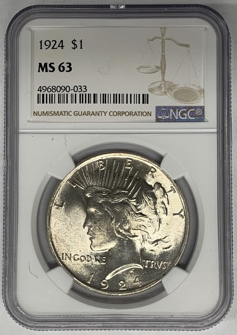NGC MS 63 1924 Peace Dollar Silver Coin United States Certified: NGC MS 63 1924 Peace Dollar Silver Coin United States Certified This 1924 Peace Silver Dollar is an uncirculated coin graded MS 63 by NGC. Made in the United States, it is composed of silver and has a
