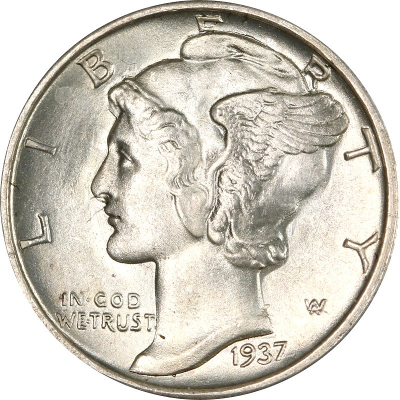 1937 San Francisco Mercury dime silver UNCERTIFIED: 1937 San Francisco Mercury dime silver UNCERTIFIED This is a 1937-S Mercury Dime from the United States, composed of silver with a fineness of 0.9. The coin is circulated and remains uncertified. It i