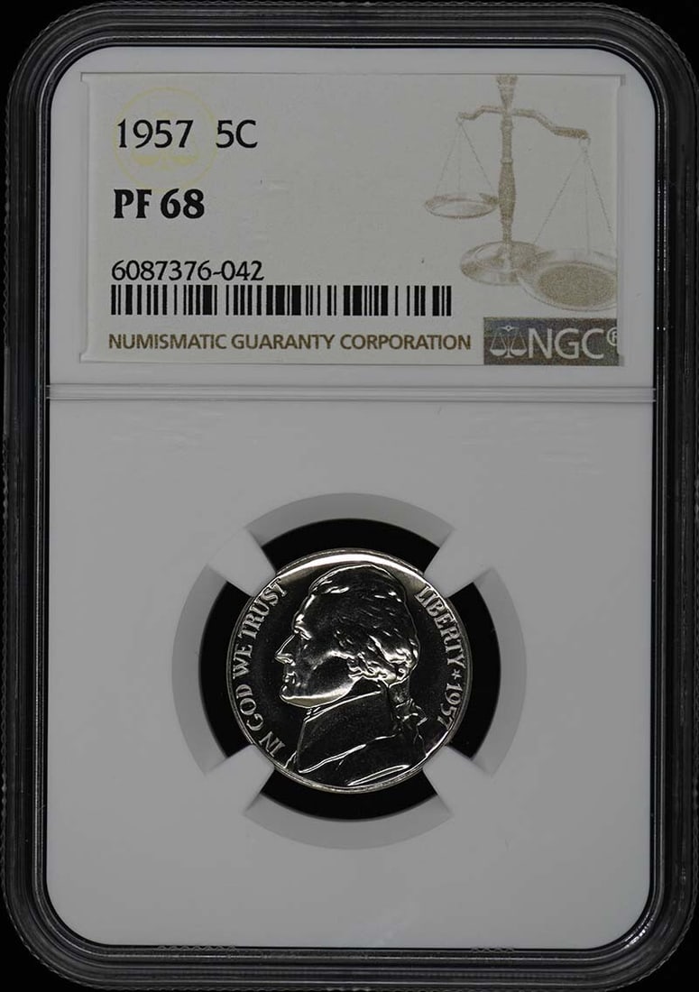 1957 NGC PR68 Jefferson Nickel Proof Uncirculated Coin: 1957 NGC PR68 Jefferson Nickel Proof Uncirculated Coin This 1957 Jefferson Nickel is a stunning example of numismatic excellence, certified by NGC with a pristine grade of PR68. As an uncirculated pro
