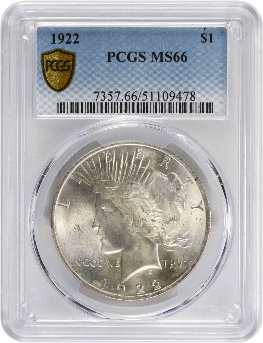 1922 Peace Silver Dollar MS66 PCGS Uncirculated Coin: 1922 Peace Silver Dollar MS66 PCGS Uncirculated Coin This 1922 Peace Silver Dollar is graded MS66 by PCGS, showcasing its exceptional uncirculated condition. Minted in Philadelphia, this coin features