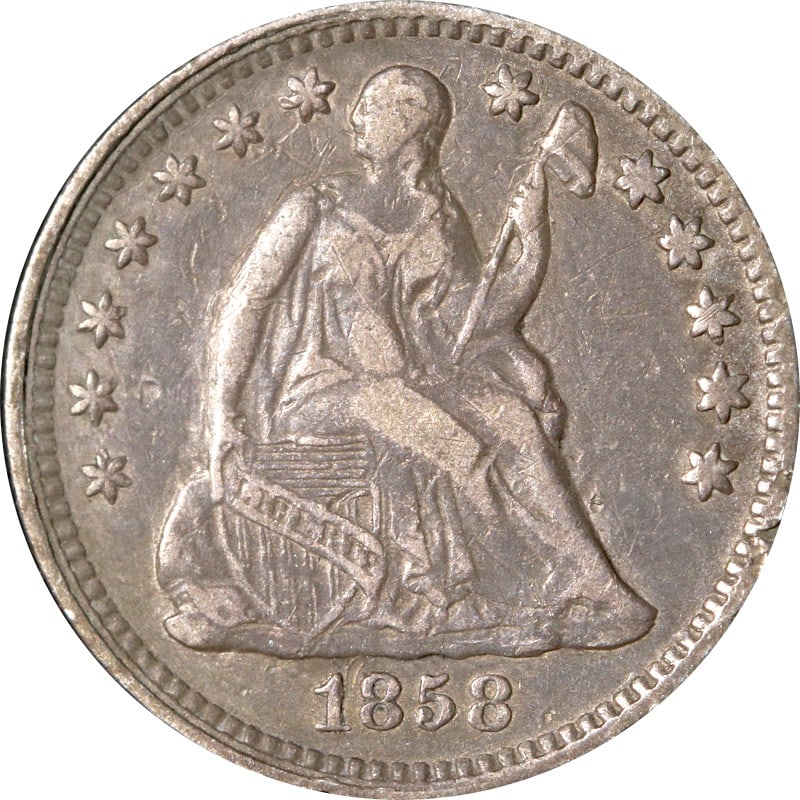 1858-P Seated Liberty Half Dime Silver Coin Circulated: 1858-P Seated Liberty Half Dime Silver Coin Circulated This 1858-P Seated Liberty Half Dime is a remarkable piece of numismatic history. Crafted from silver with a fineness of 0.9, this coin showcases