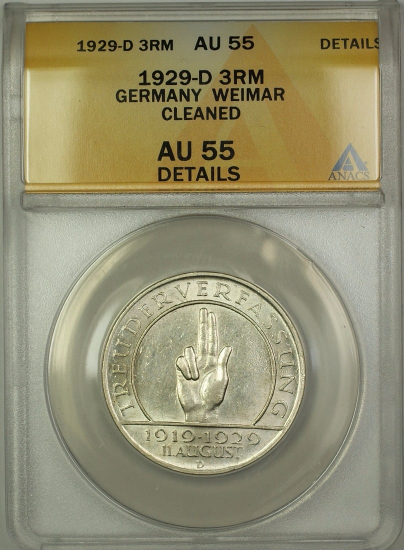 1929-D Weimar Republic Silver 3 Mark ANACS AU 55 Details: 1929-D Weimar Republic Silver 3 Mark ANACS AU 55 Details This 1929-D Germany-Weimar 3 Reichmarks coin is composed of silver and has been graded AU 55 Details by ANACS, indicating it is in About Uncirc