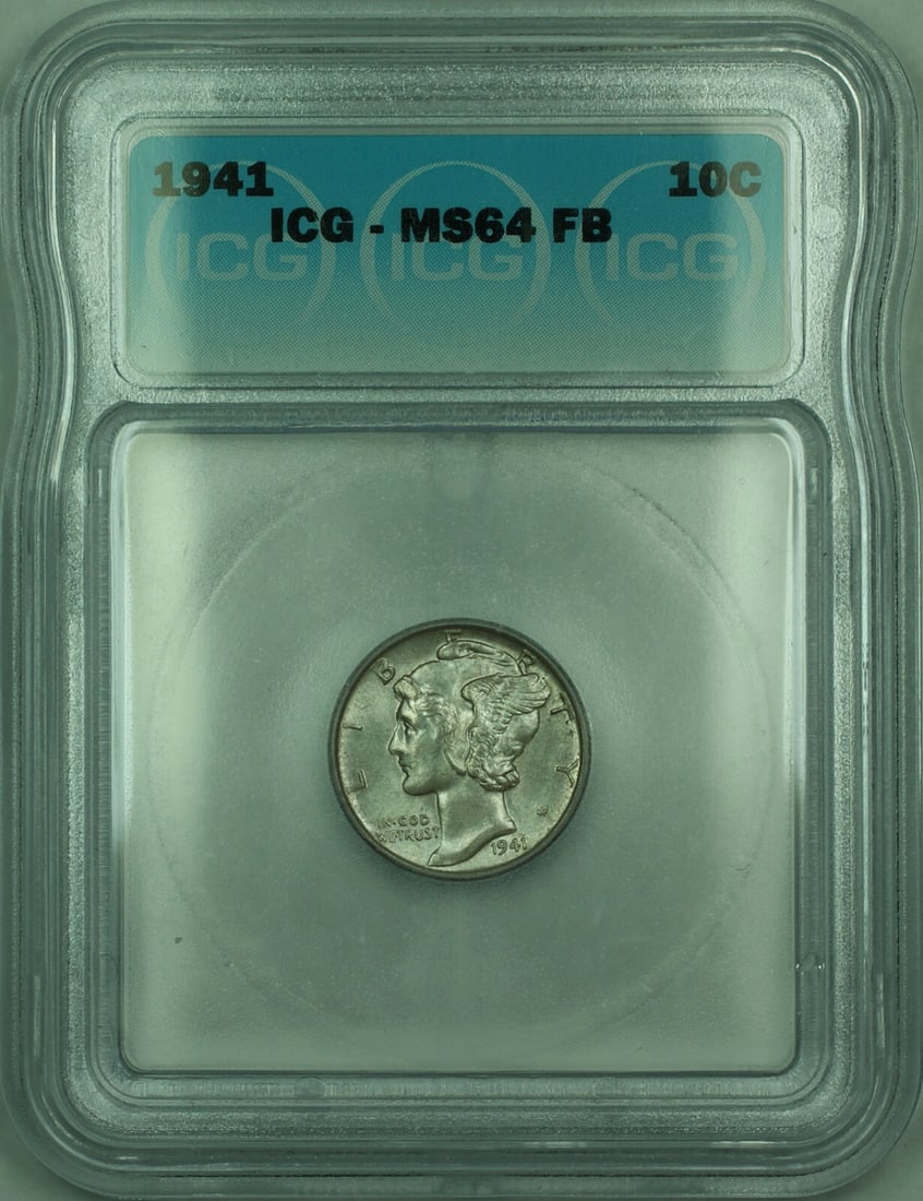 1941 Mercury 10c Silver Dime ICG MS-64 Full Bands Toned: 1941 Mercury 10c Silver Dime ICG MS-64 Full Bands Toned This 1941 Mercury Silver Dime features a 10-cent denomination and is composed of 90% silver. Graded MS-64 Full Bands by ICG, the coin is uncircu
