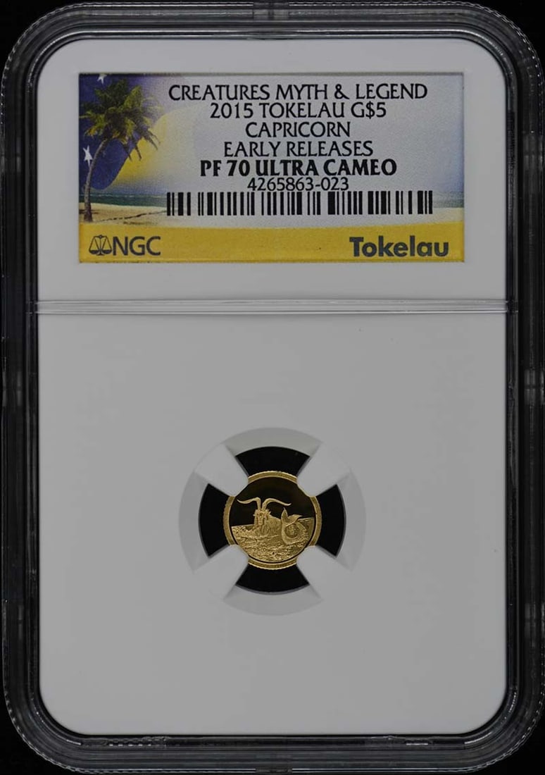 2015 Tokelau Capricorn G$5 Coin NGC PR70 Early Release: 2015 Tokelau Capricorn G$5 Coin NGC PR70 Early Release This 2015 Tokelau Capricorn coin is an exceptional piece in uncirculated condition, certified by NGC with a grade of PR70DCAM, indicating its per
