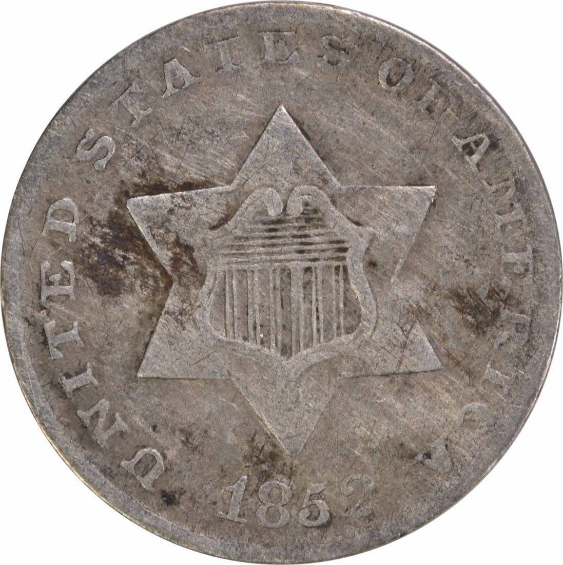 1852 Three Cent Silver Coin US Circulated Uncertified: 1852 Three Cent Silver Coin US Circulated Uncertified This 1852 Three Cent Silver coin, certified as Fine (F), hails from the United States and was minted in Philadelphia. It features a composition of