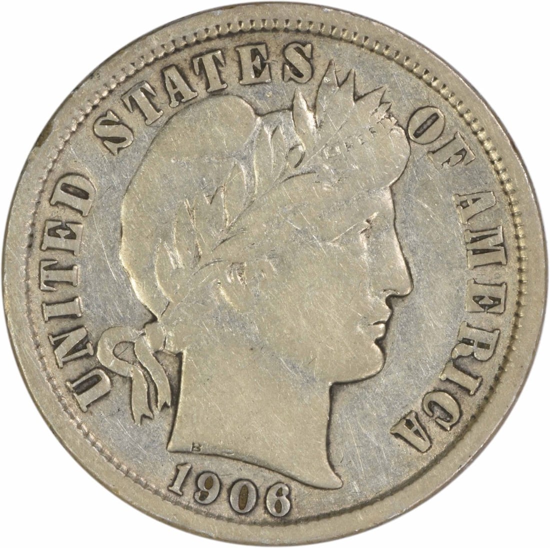 1906 New Orleans Barber Dime 90 Percent Silver VF Uncertified US Coin: 1906 New Orleans Barber Dime 90 Percent Silver VF Uncertified US Coin This 1906-O Barber Dime was minted in New Orleans and is composed of 90% silver and 10% copper. Designed by Charles E. Barber, the