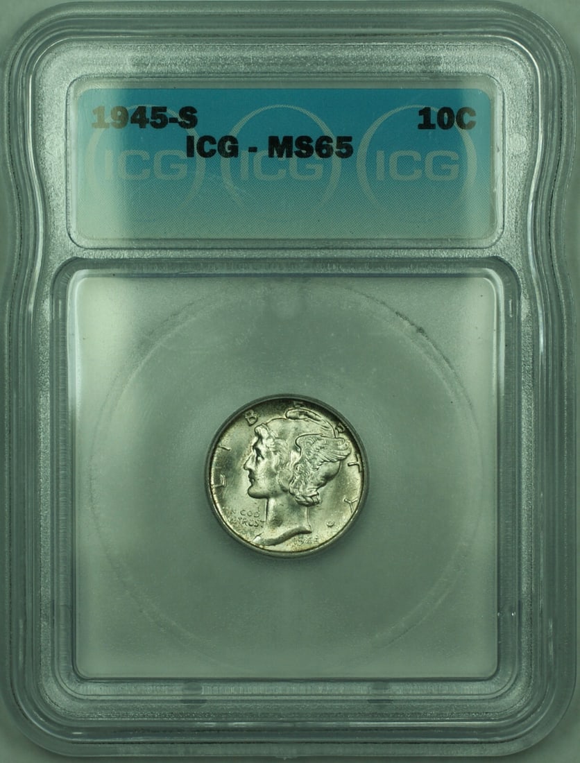 ICG MS-65 1945-S Silver 10C Mercury Dime Uncirculated San Francisco: ICG MS-65 1945-S Silver 10C Mercury Dime Uncirculated San Francisco This 1945-S Mercury Silver Dime is a 10-cent coin from the United States, minted in San Francisco. Certified by ICG with a grade of 
