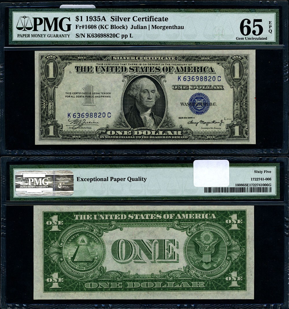 1935-A $1 Silver Certificate FR. 1608 K-C Block PMG Gem CU65 EPQ: 1935-A $1 Silver Certificate FR. 1608 K-C Block PMG Gem CU65 EPQ This 1935-A $1 Silver Certificate, FR. 1608, is graded as Gem CU65 EPQ by PMG, indicating exceptional quality and preservation. It feat