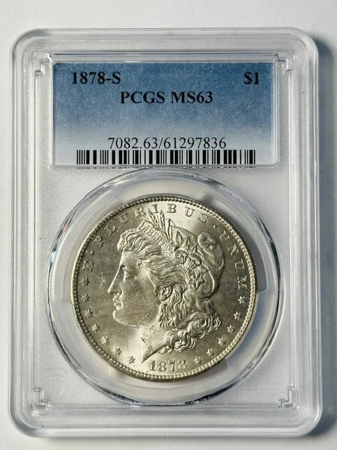 1878-S PCGS MS-63 Morgan silver dollar: 1878-S PCGS MS-63 Morgan silver dollar This 1878 Morgan Silver Dollar was minted in San Francisco and is graded MS-63 by PCGS. Made of silver, it is a pre-owned coin from the United States, offering c