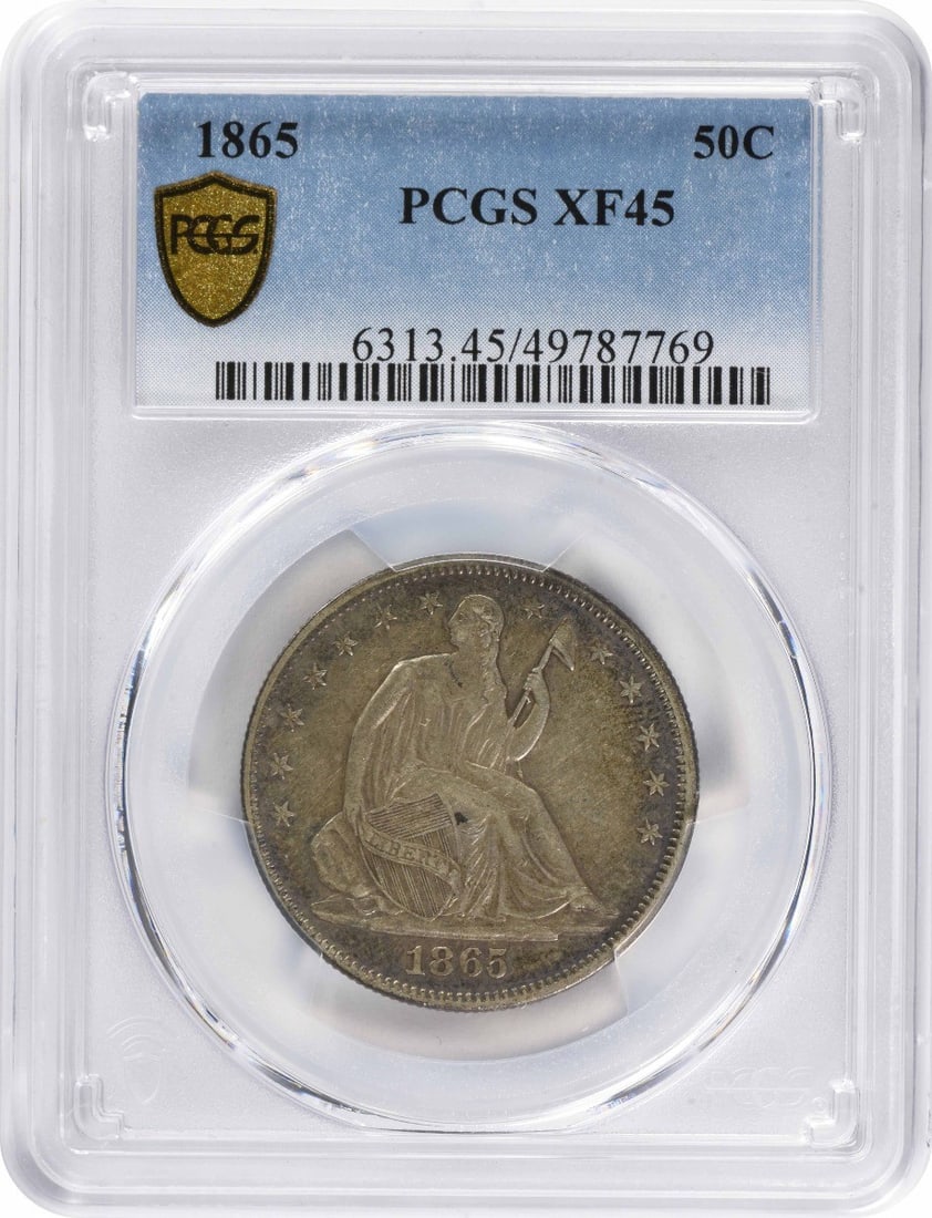 1865 Liberty Seated Half Dollar EF45 PCGS 50C Silver Coin: 1865 Liberty Seated Half Dollar EF45 PCGS 50C Silver Coin This 1865 Liberty Seated Half Dollar is an exceptional example of American numismatic history. Certified by PCGS, this coin has been graded as