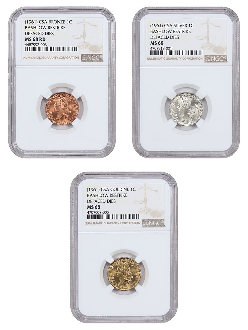 1961 Bashlow Restrike 1 Cent Set Bronze Goldine Silver: 1961 Bashlow Restrike 1 Cent Set Bronze Goldine Silver This is a 1961 1C set featuring Bashlow restrikes created from defaced dies. The set includes coins in bronze, goldine, and silver finishes. The 