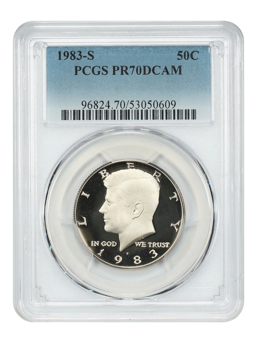1983 San Francisco PCGS PR70DCAM Kennedy 50C Half Dollar: 1983 San Francisco PCGS PR70DCAM Kennedy 50C Half Dollar This 1983 Kennedy Half Dollar features a proof strike with deep cameo contrast and has been graded PR70DCAM by PCGS. The coin is uncirculated a